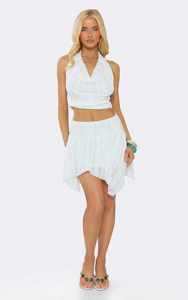 EGO Hanky Hem Mini Skirt In White Texture, Women's Size UK 6 - 2