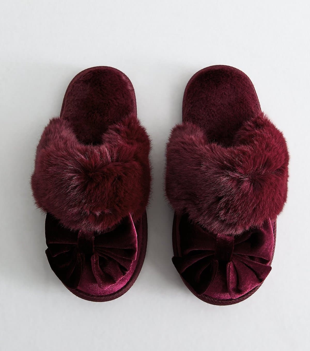 New Look Women's Dark Burgundy Velvet Faux Fur Bow Mule Slippers New Look