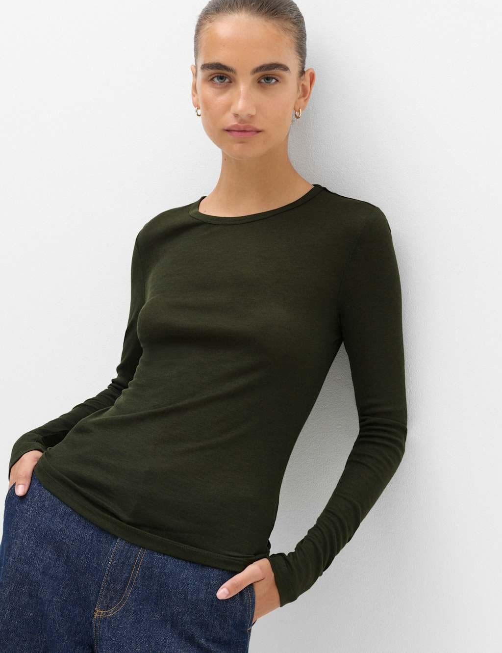 Marks & Spencer M&S Long Sleeve Crew Neck Top With Wool Dark Khaki