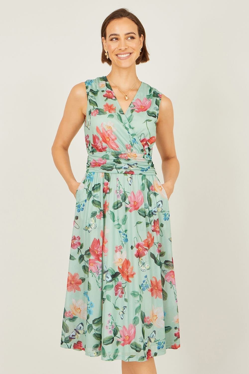 Yumi Yumi Women's Blurred Floral Mesh Wrap Midi Dress in Pale Green