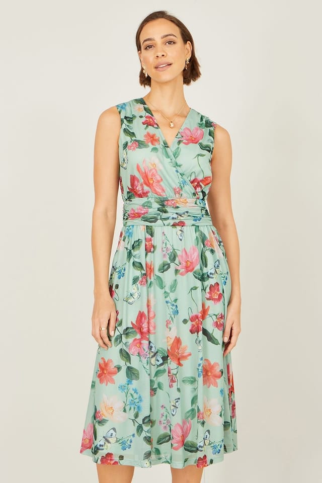Yumi Yumi Women's Blurred Floral Mesh Wrap Midi Dress in Pale Green - 2
