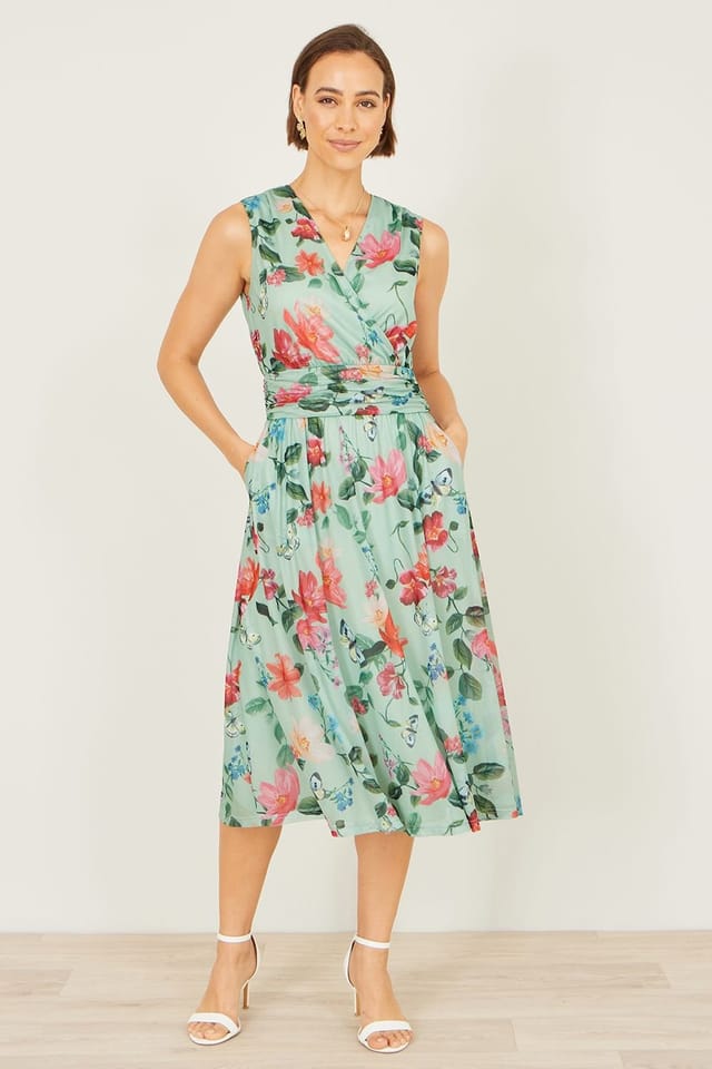 Yumi Yumi Women's Blurred Floral Mesh Wrap Midi Dress in Pale Green - 3