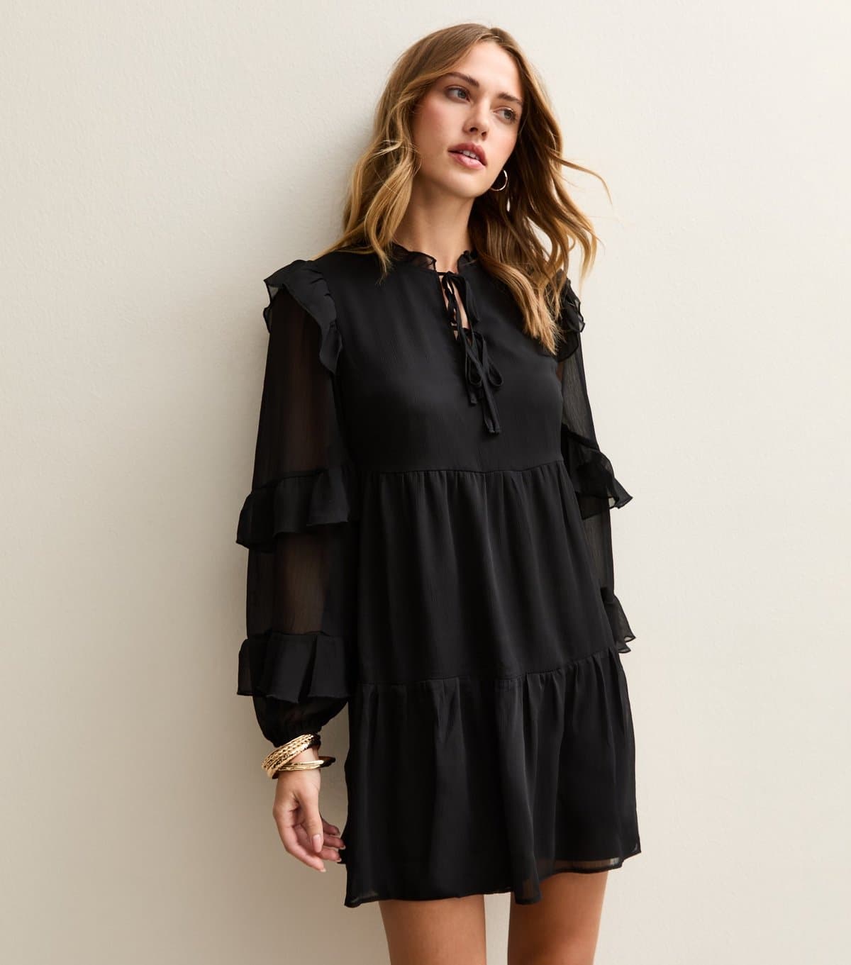 New Look Women's Black Ruffle Trimmed Tie Neck Chiffon Mini Dress New Look