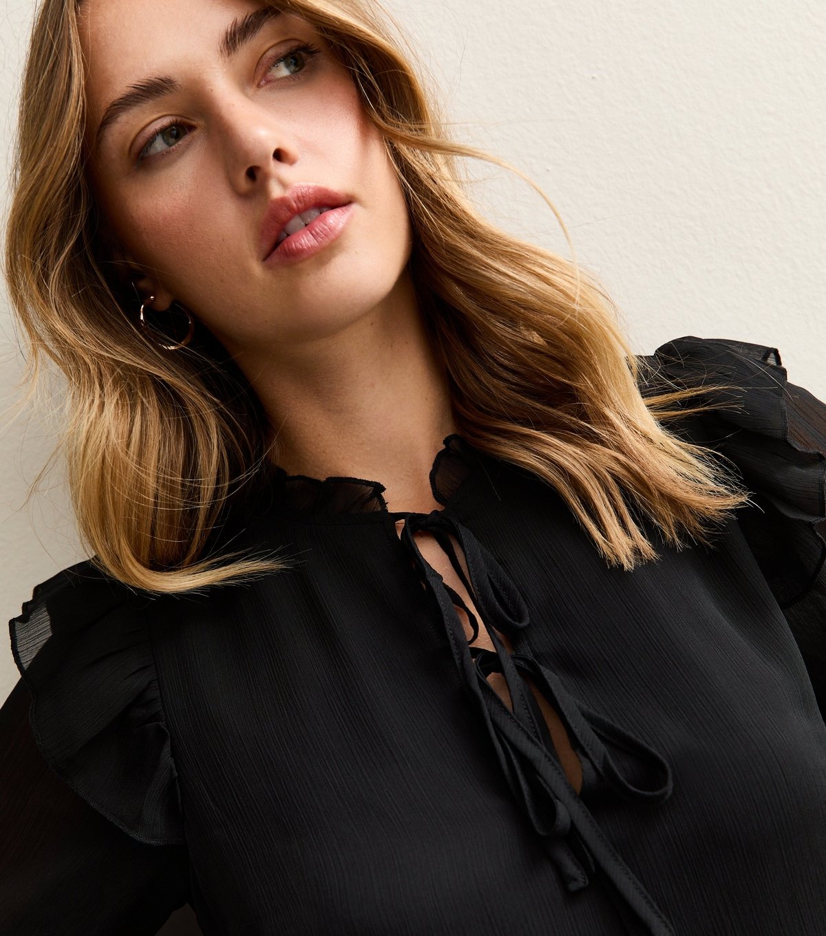 New Look Women's Black Ruffle Trimmed Tie Neck Chiffon Mini Dress New Look - 3