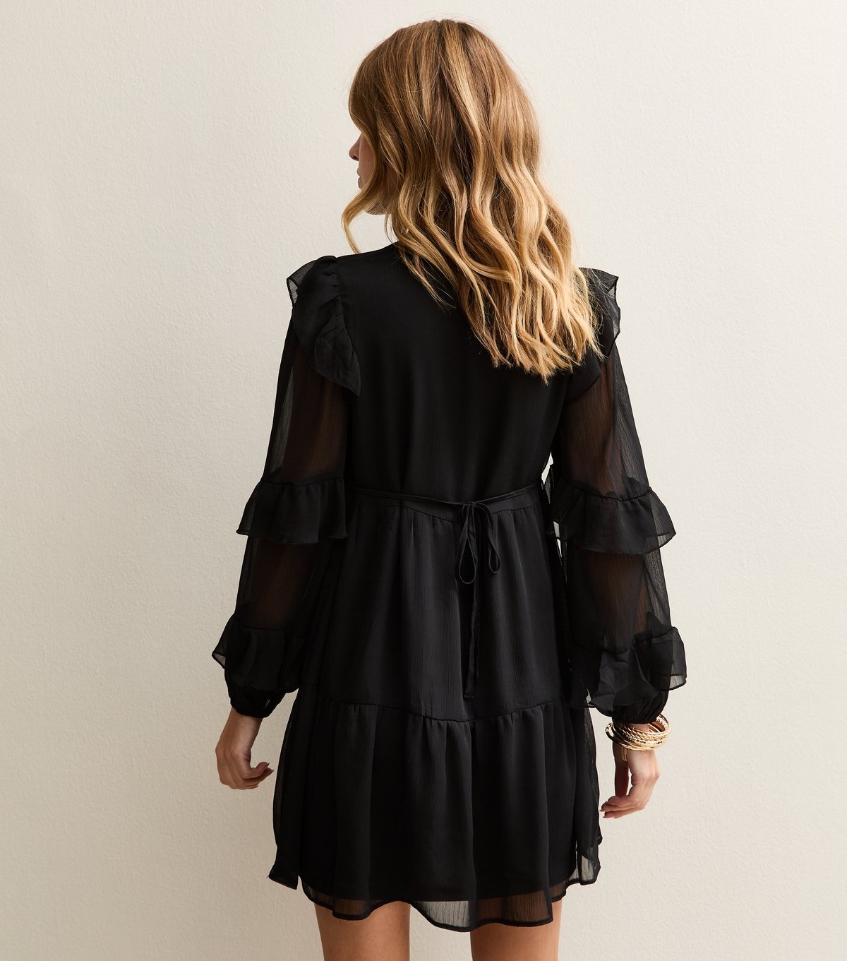 New Look Women's Black Ruffle Trimmed Tie Neck Chiffon Mini Dress New Look - 4