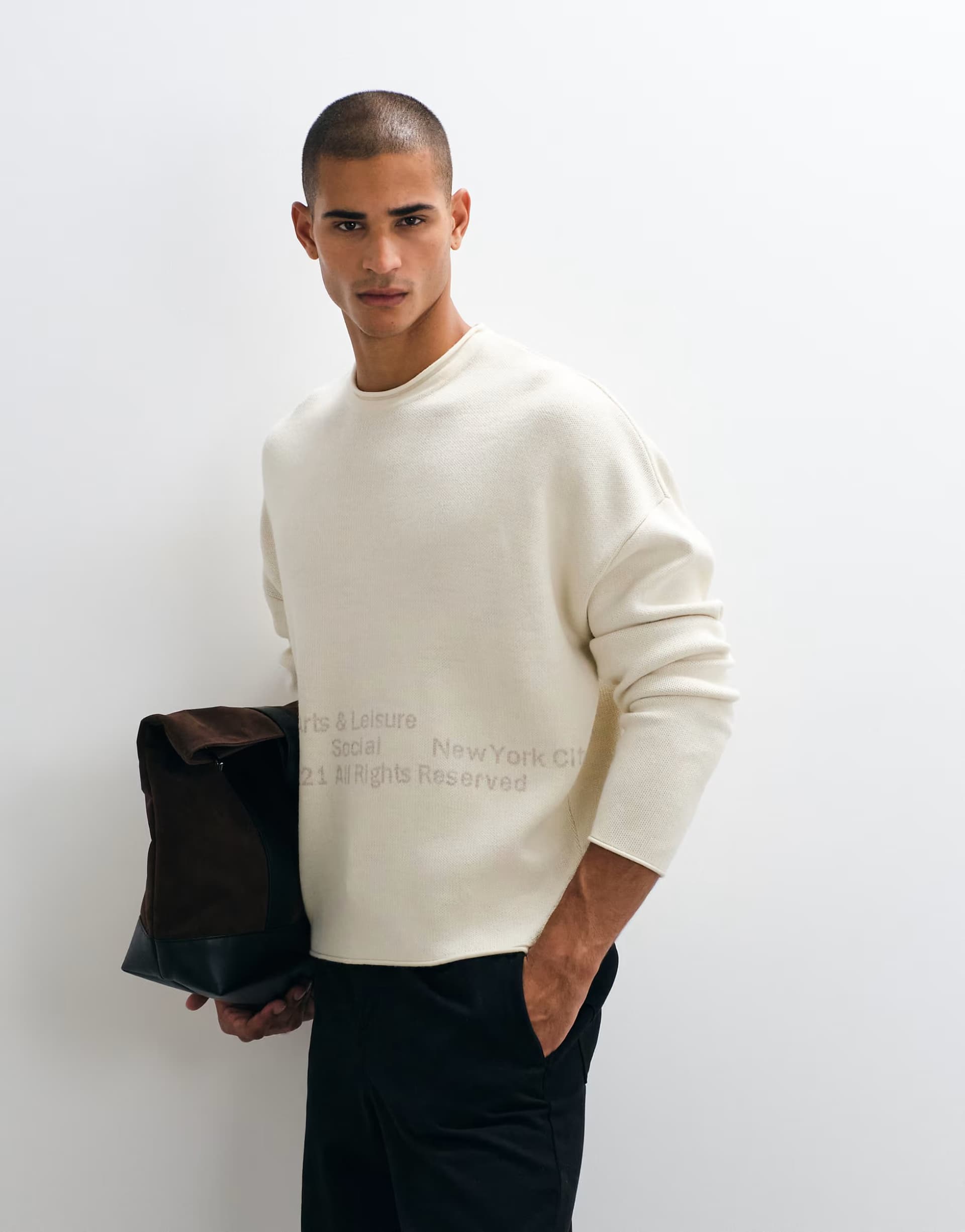 ASOS ASOS DESIGN super oversized knitted crew with print in ecru