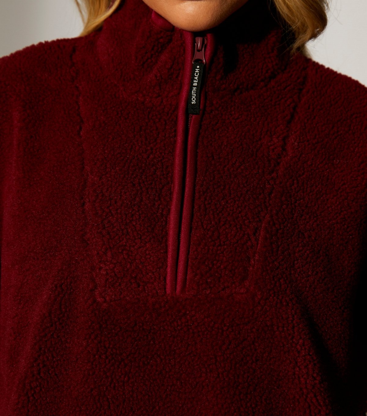 South Beach Women's Burgundy Borg Quarter Zip Jacket South Beach New Look - 2