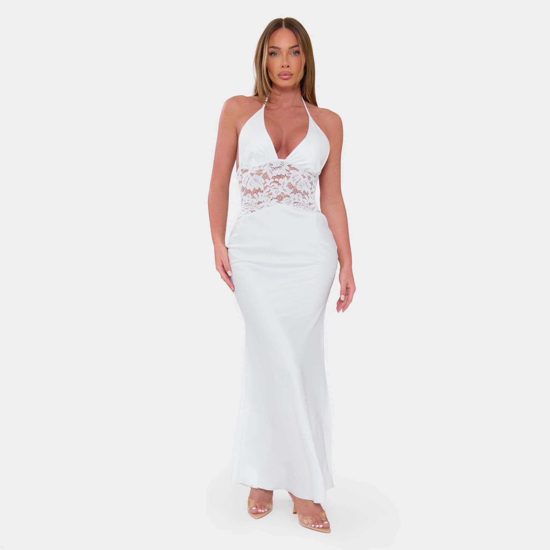 EGO Halterneck Plunge Front Contrast Lace Panel Maxi Dress In Ivory Satin, Women's Size UK 6