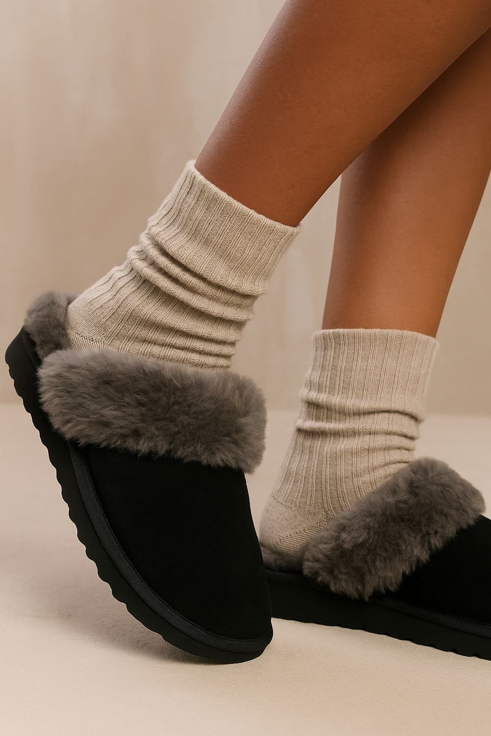 Spot On Spot On Women's Premium Shearling-Lined Suede Slip On Slippers with Cushioned Sole in Black - 1