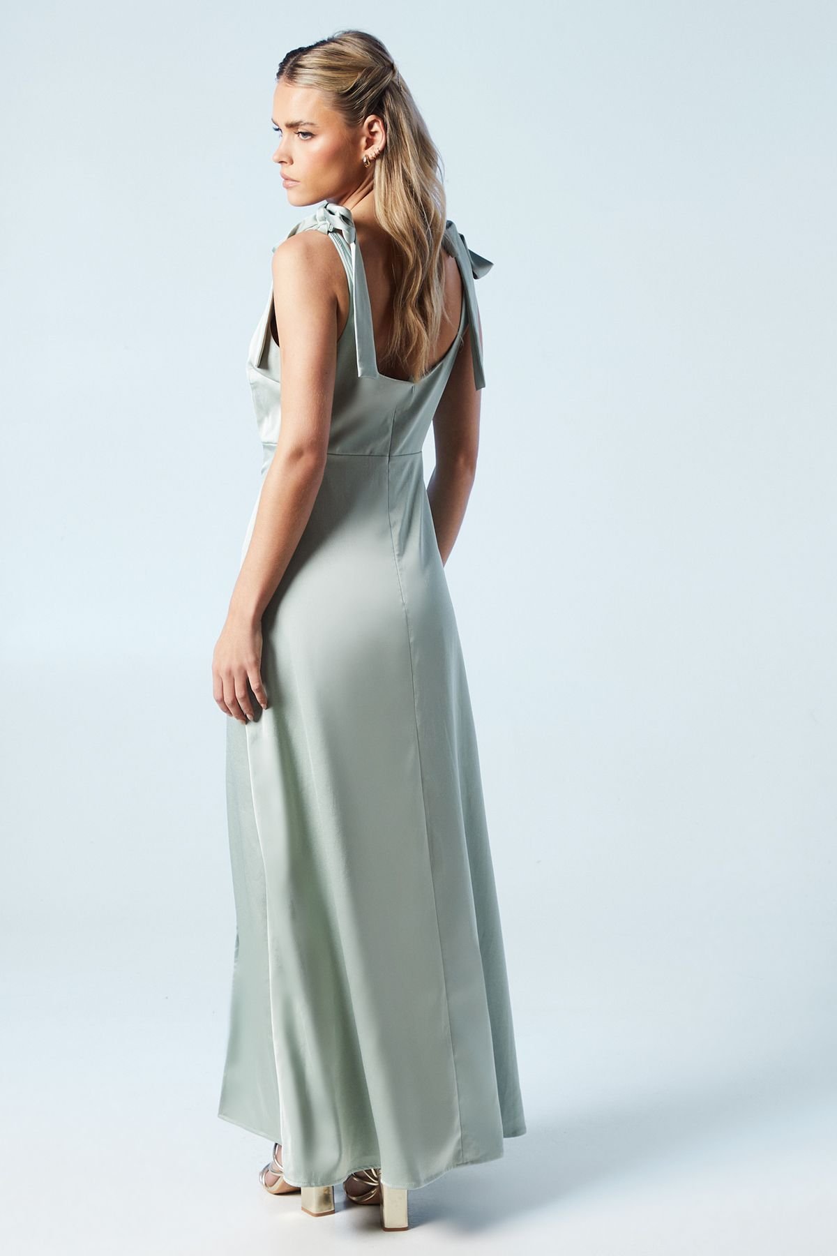Oasis Oasis Women's Petite Satin Tie Shoulder Midi Bridesmaid Dress in Sage - 3