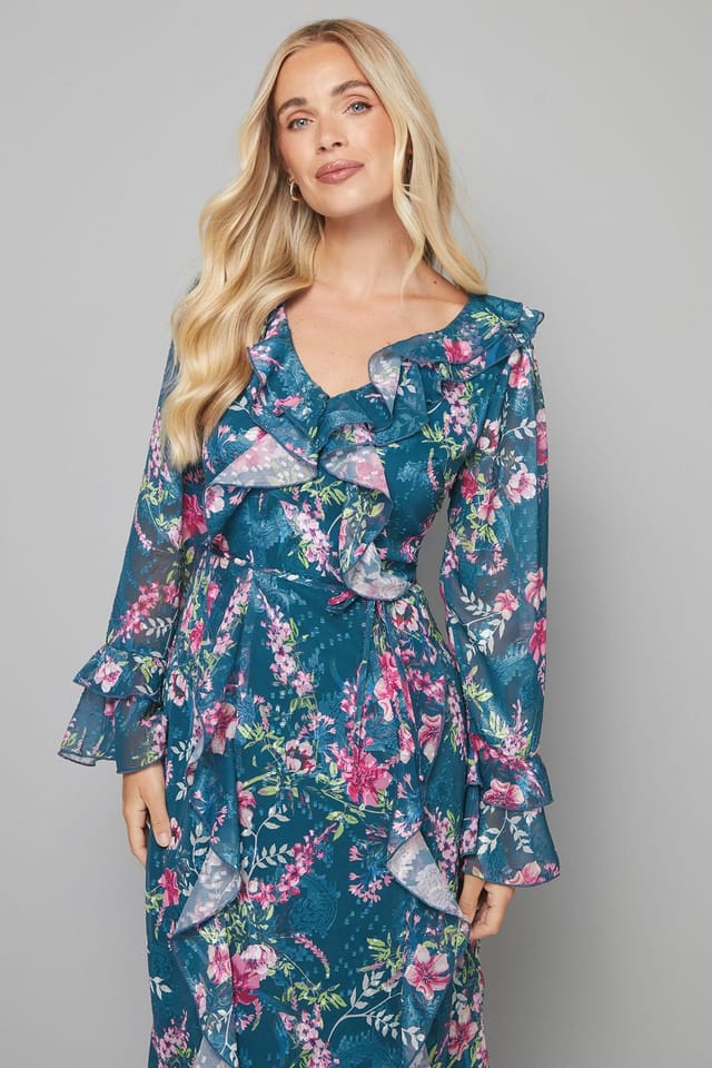 Wallis Wallis Women's Petite Floral Ruffle Belted Midaxi Dress in Green - 2