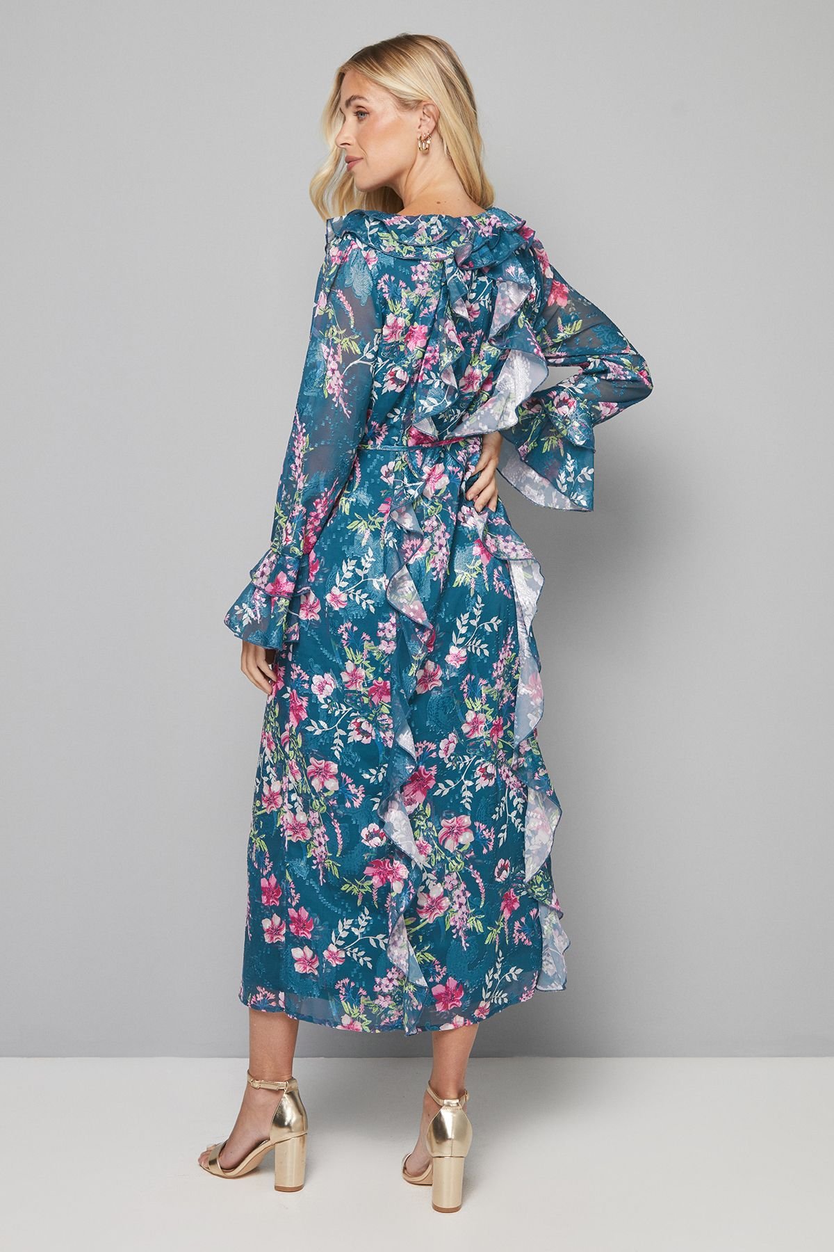 Wallis Wallis Women's Petite Floral Ruffle Belted Midaxi Dress in Green - 3