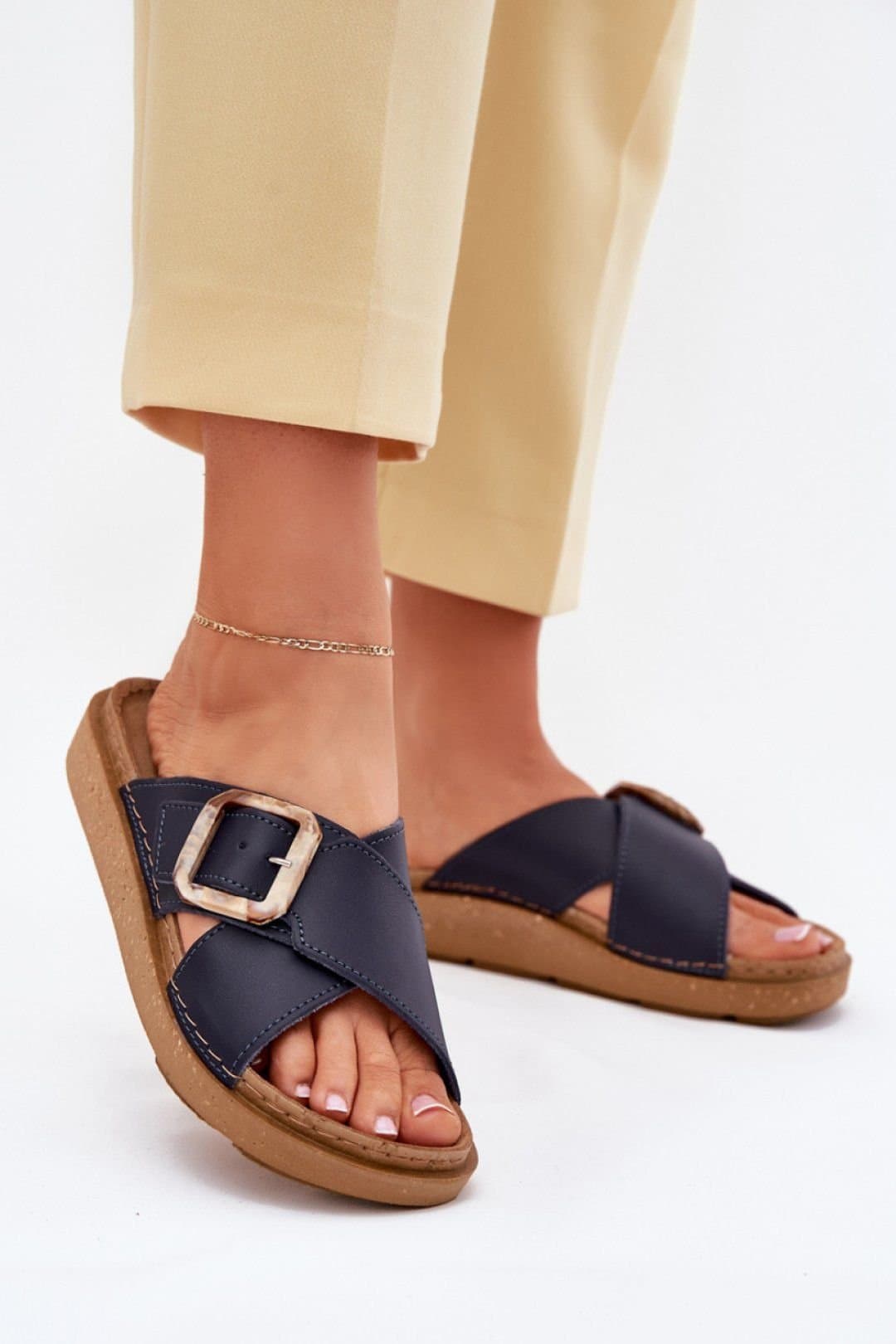 Love Lace Love Lace Women's Natural Platform Sandals with Adjustable Buckle Strap in Navy