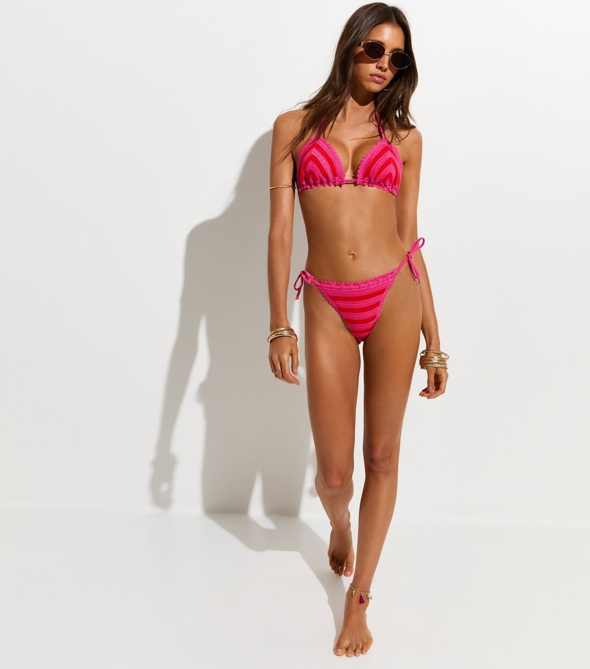 New Look New Look Pink and Orange Crochet Striped Bikini Bottoms