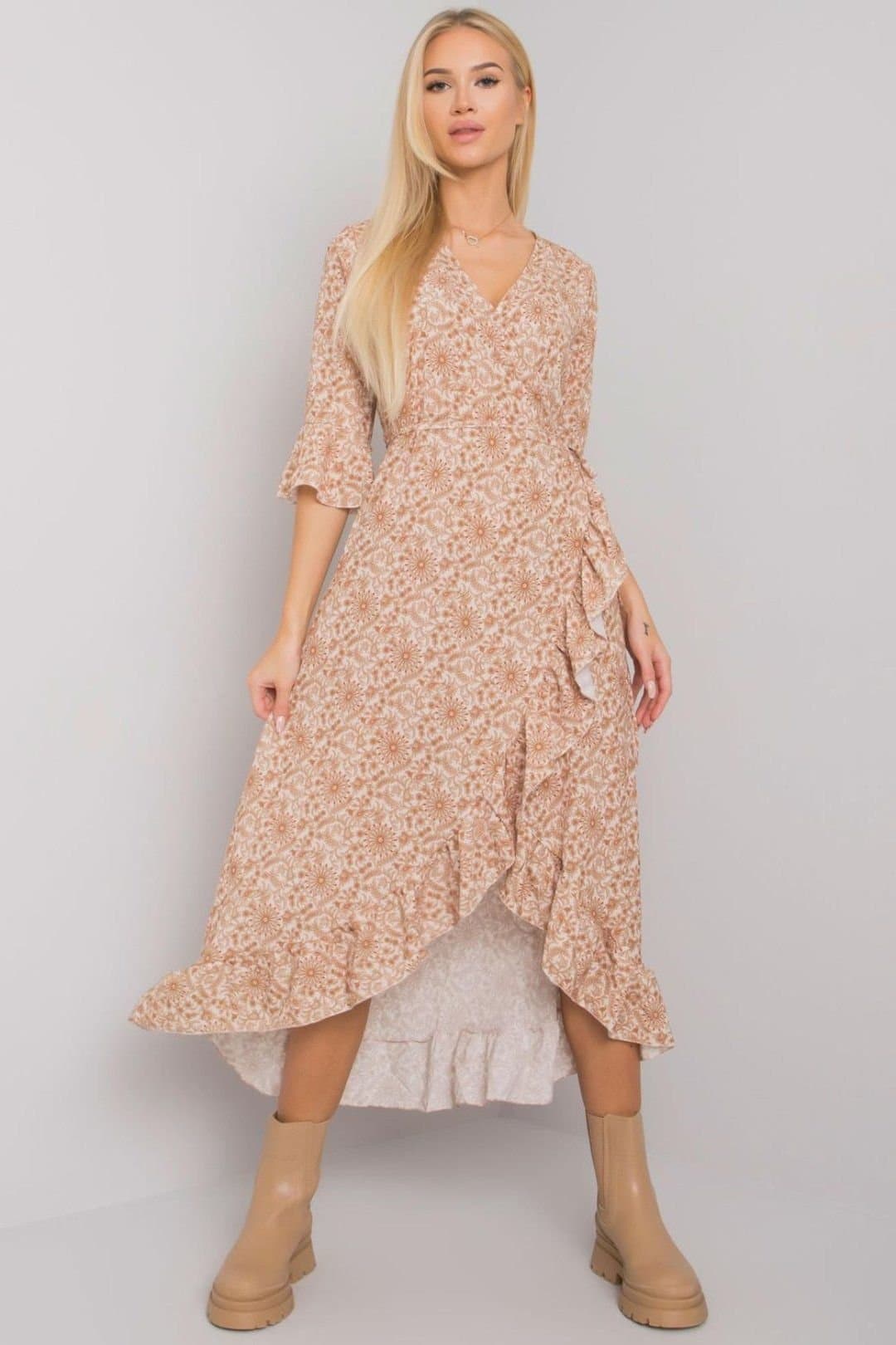 Love Lace Love Lace Women's Envelope Tie Waist Ruffle Dress in Beige