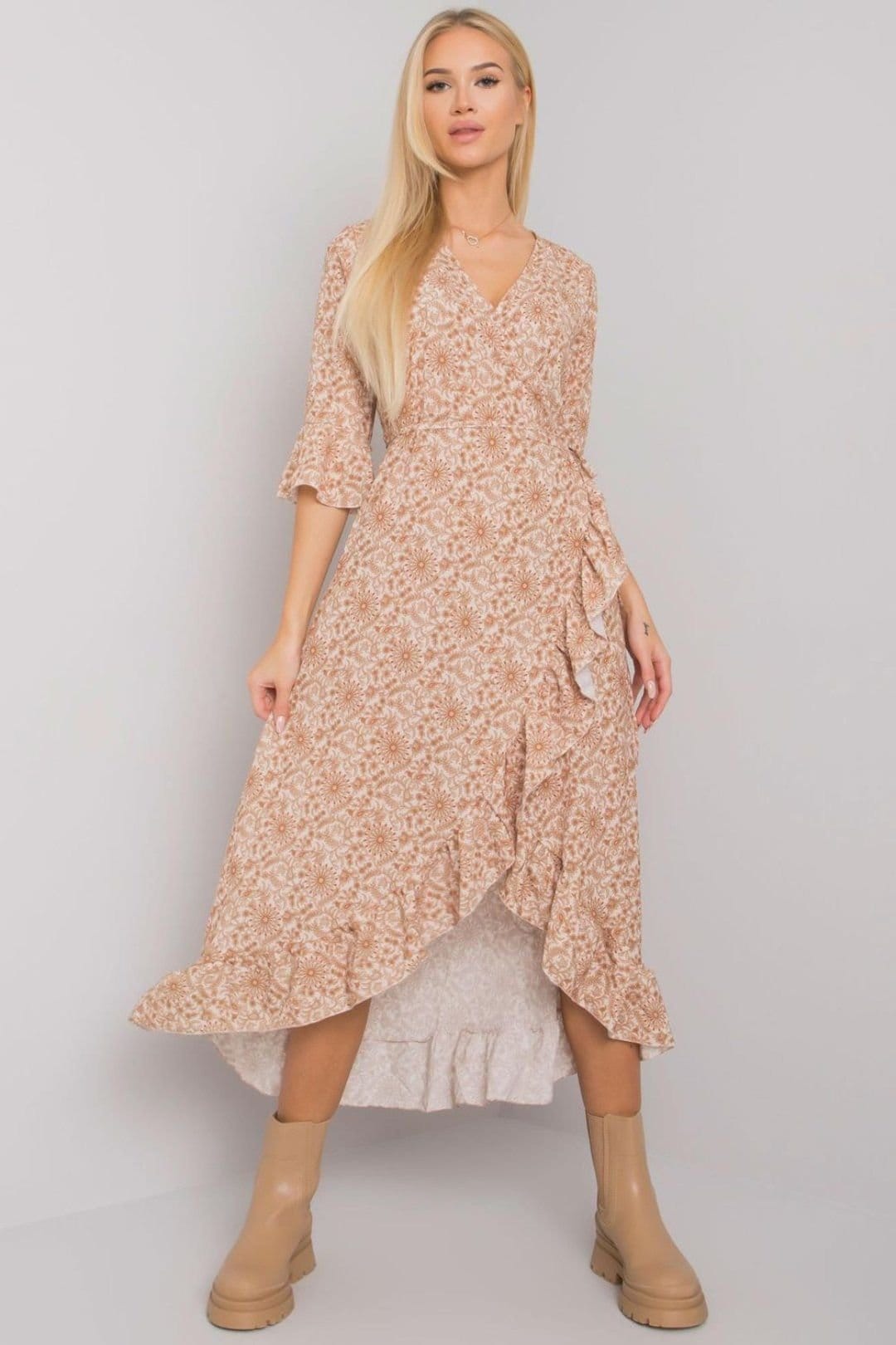 Love Lace Beige Floral 3/4 Sleeve Ruffle Dress