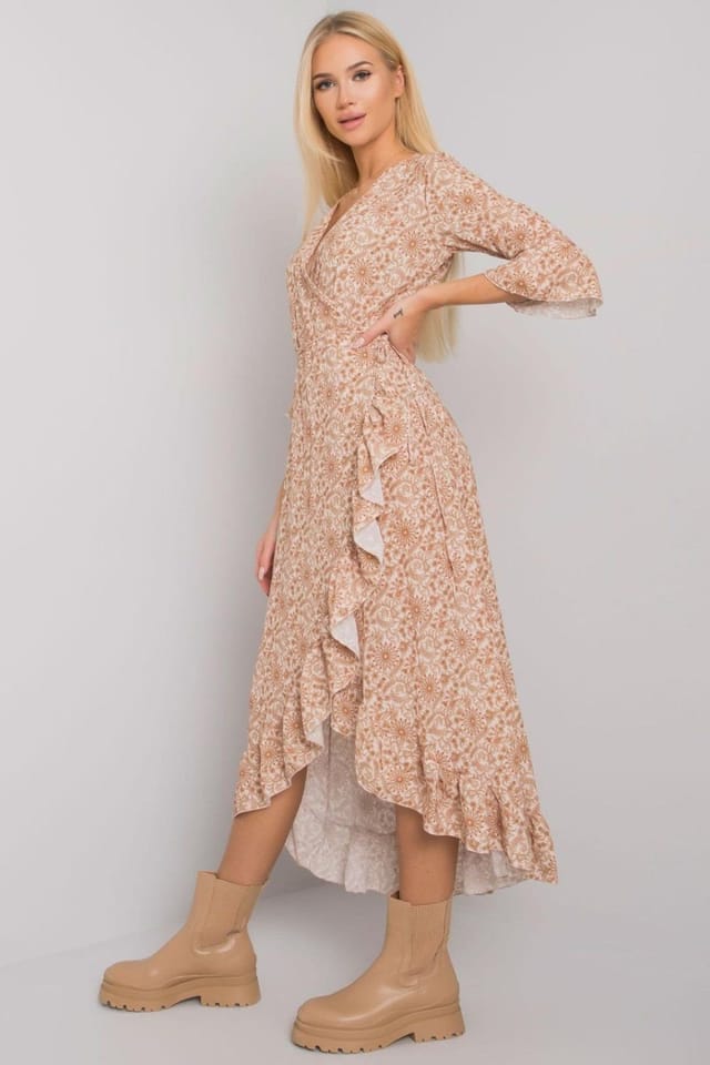 Love Lace Love Lace Women's Envelope Tie Waist Ruffle Dress in Beige - 2