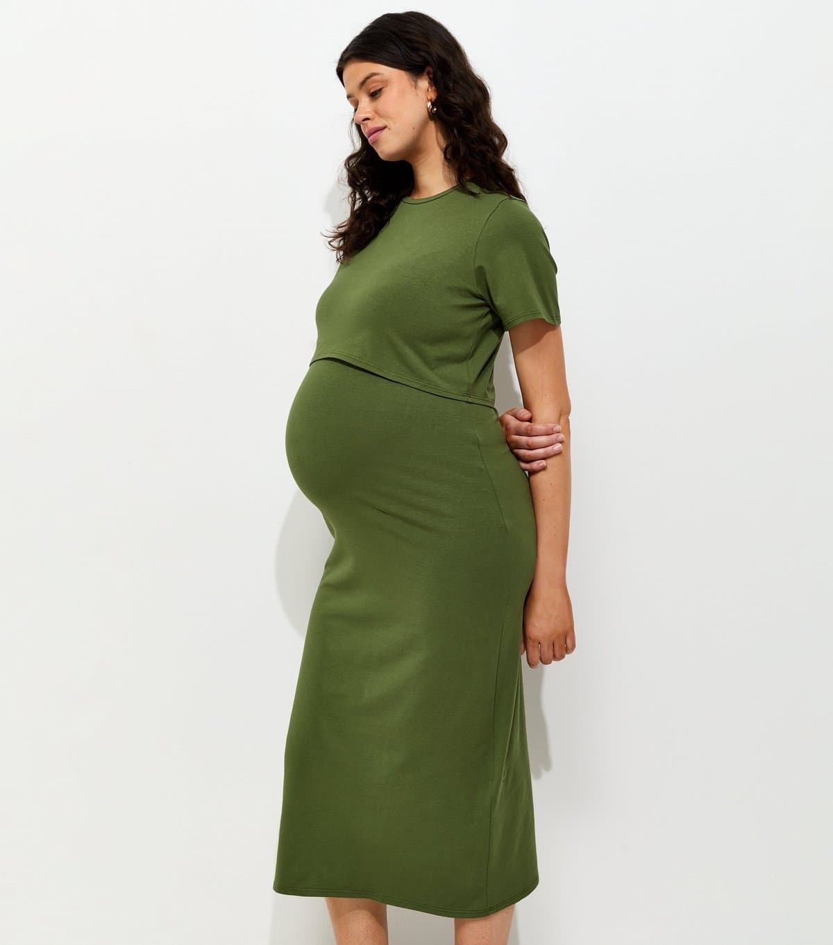 New Look Women's Maternity Dark Khaki Cotton Rich Double Layer Midi Dress New Look