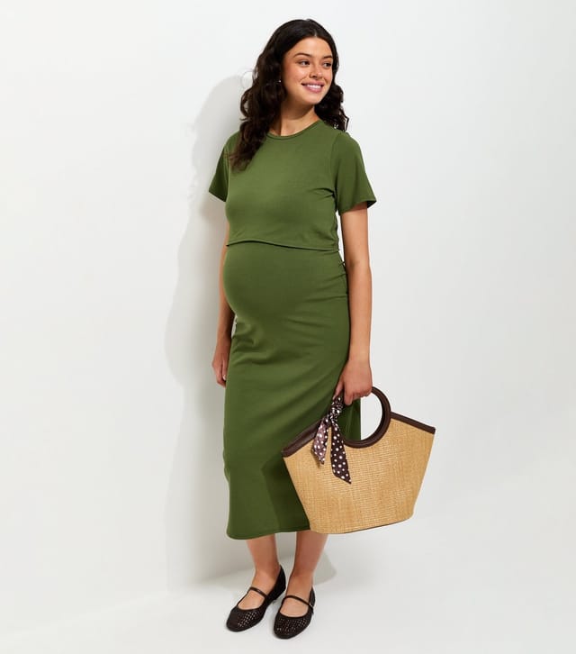 New Look Women's Maternity Dark Khaki Cotton Rich Double Layer Midi Dress New Look - 2