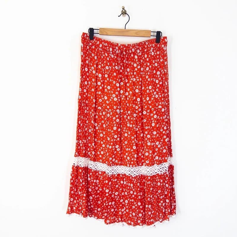 Joe Browns Joe Browns Floral Print Tiered Maxi Skirt Size 16 Red White Ditsy Lace Boho