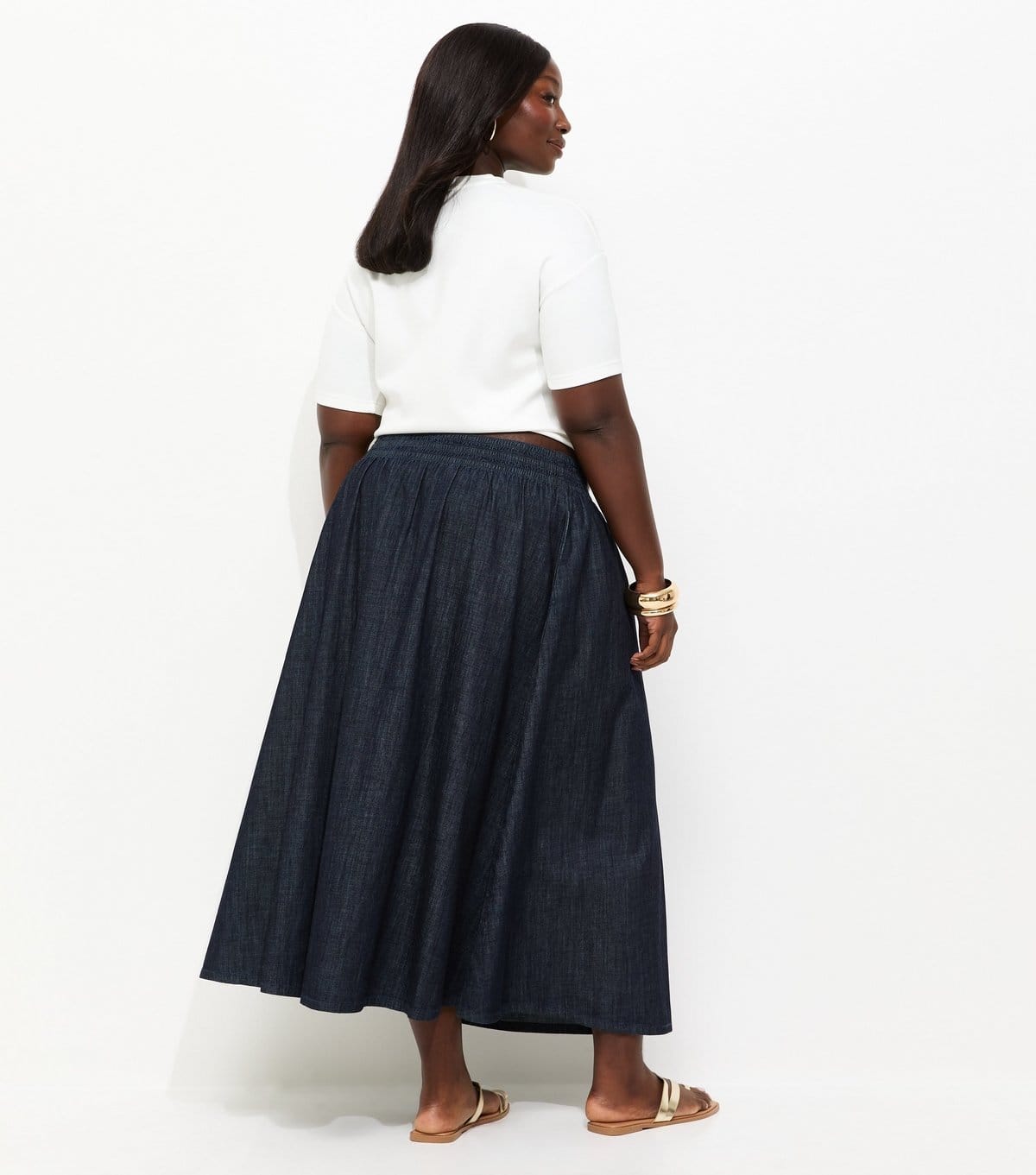 New Look Women's Plus Size Indigo Wash Shirred Midi Skirt Curves New Look - 4