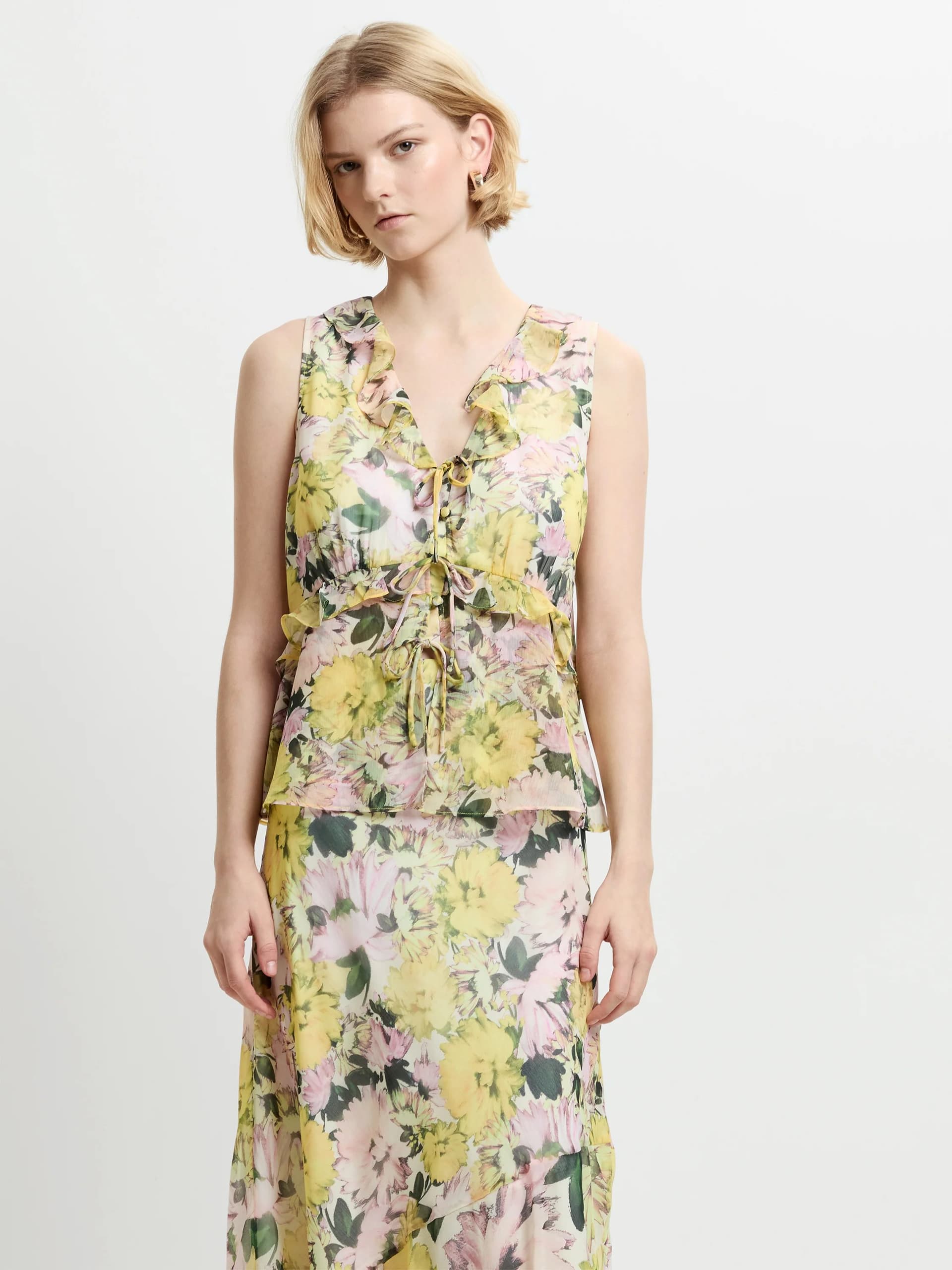 French Connection Carla Chiffon Sleeveless Tie Up Top Yellow Multicoloured Floral Print