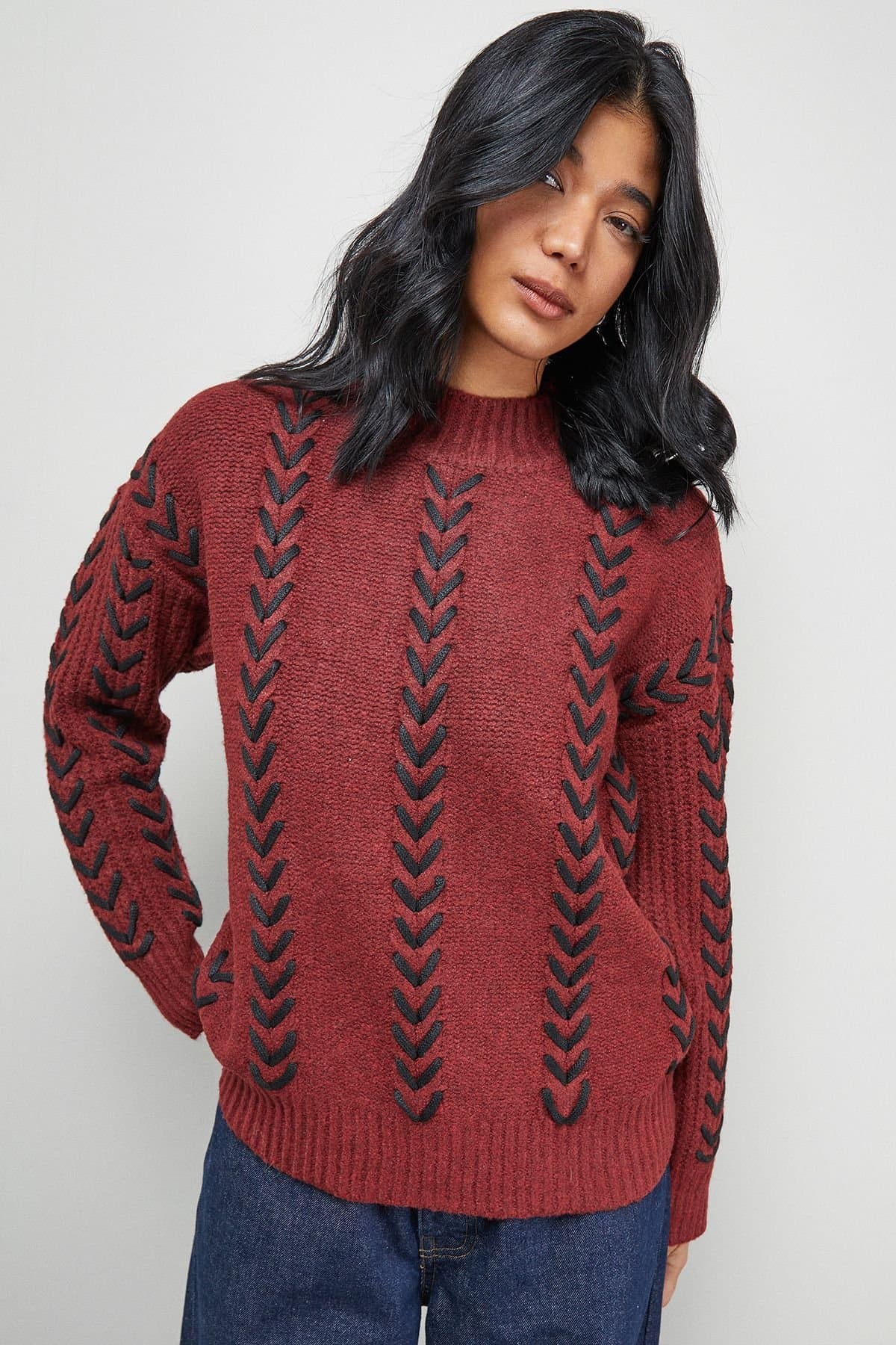 Warehouse Warehouse Women's Whipstitch Detail Oversized Jumper in Dark Red