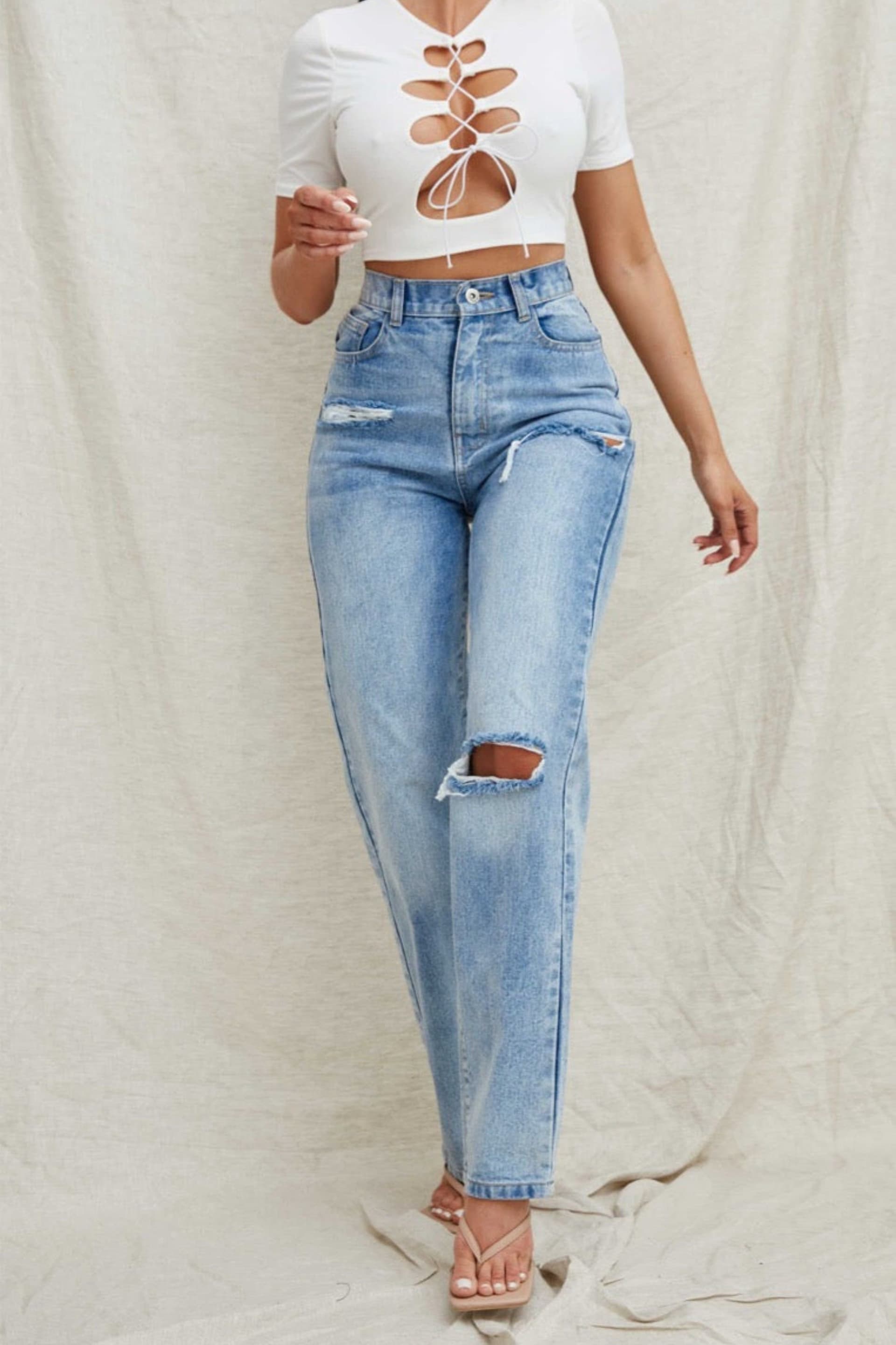 Needles Needles Women's Blue Light Wash High Waisted Ripped Straight Leg Jeans - Eyana in Light Blue