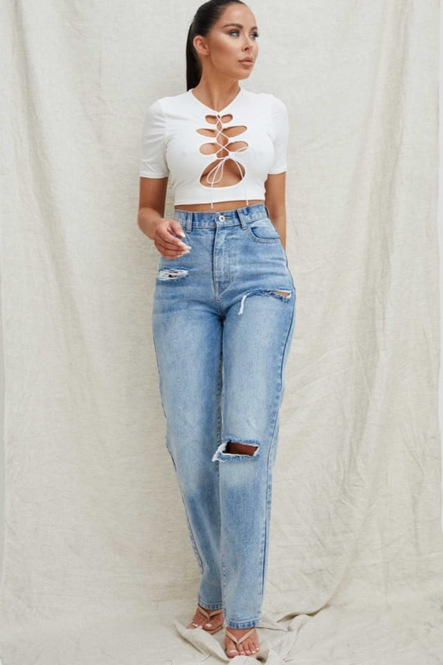 Needles Needles Women's Blue Light Wash High Waisted Ripped Straight Leg Jeans - Eyana in Light Blue - 2