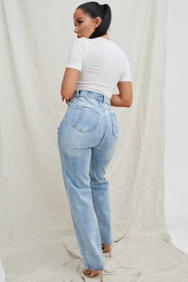 Needles Needles Women's Blue Light Wash High Waisted Ripped Straight Leg Jeans - Eyana in Light Blue - 3