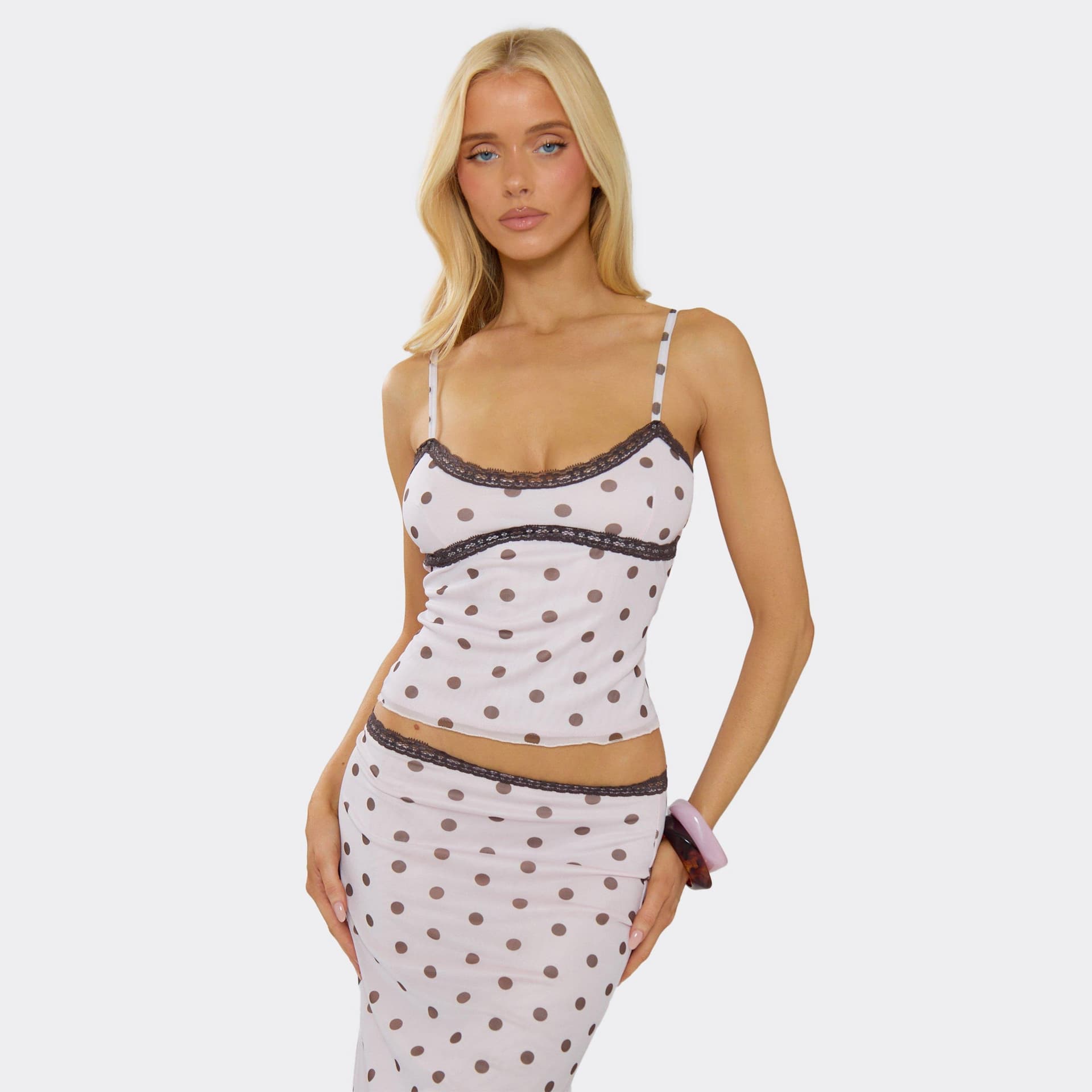 EGO Strappy Lace Trim Cami Top In Cream Polka Dot, Women's Size UK 6