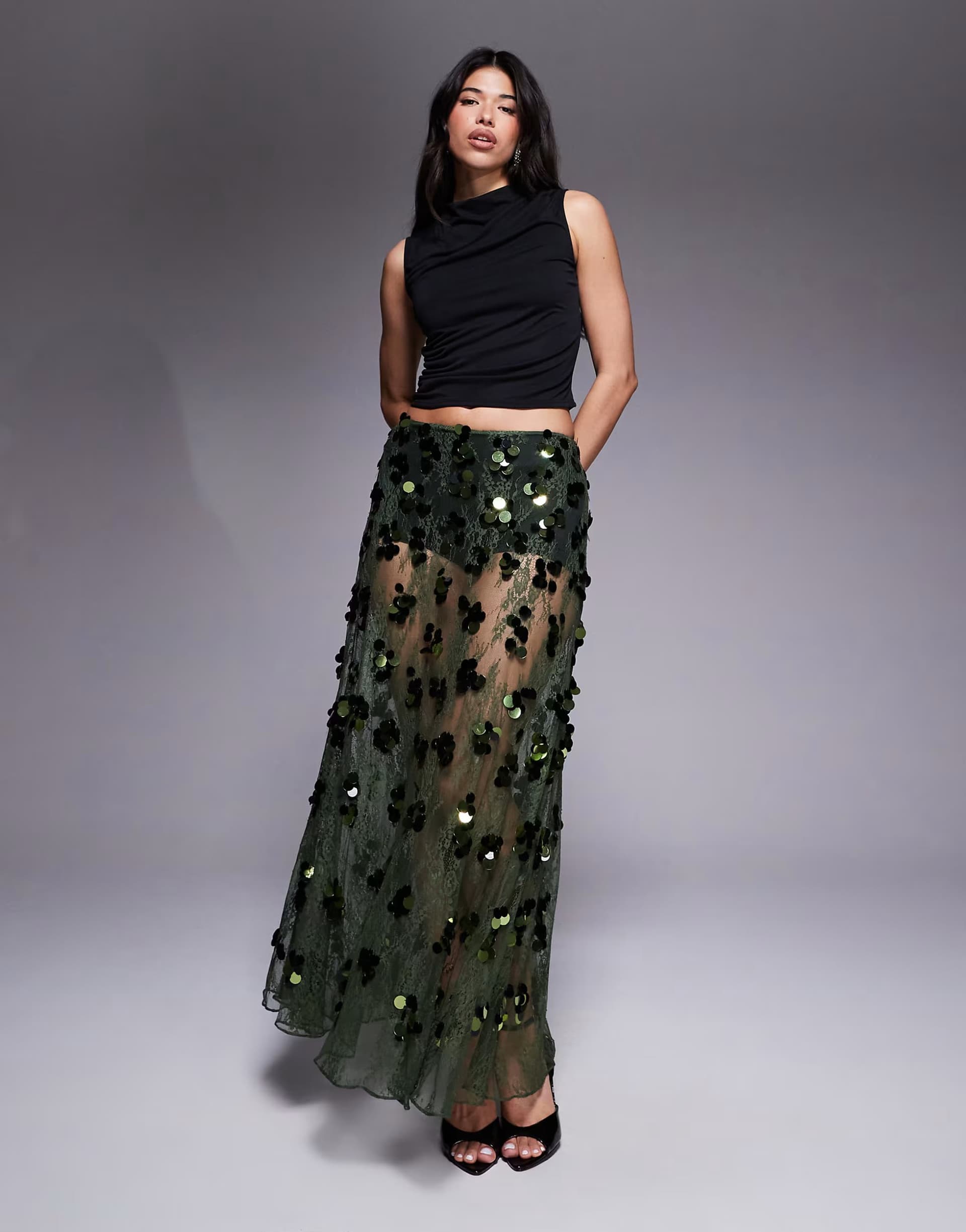 ASOS ASOS DESIGN sequin embellished lace godet maxi skirt in olive