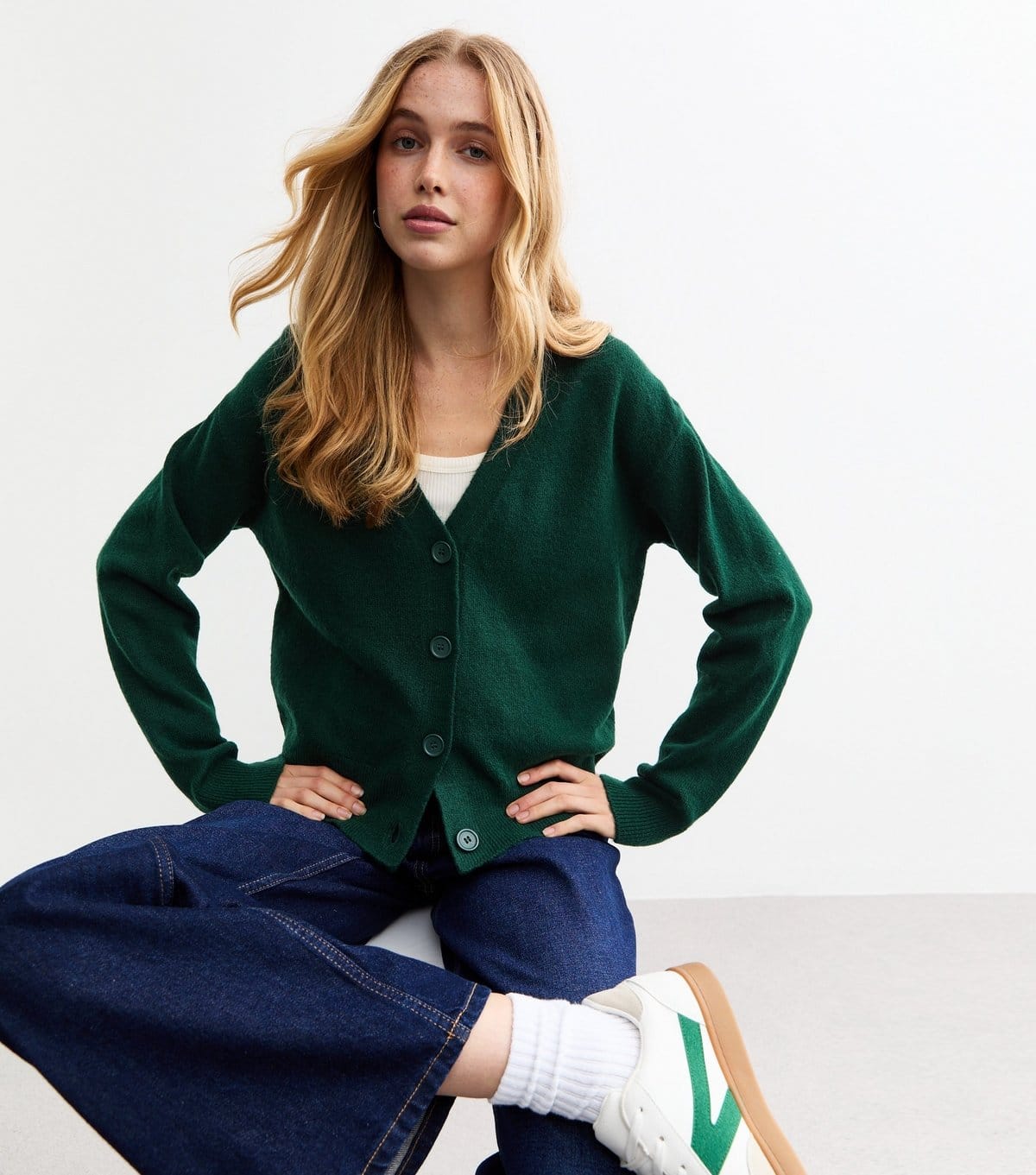 Women's Green Button Knit Cardigan New Look
