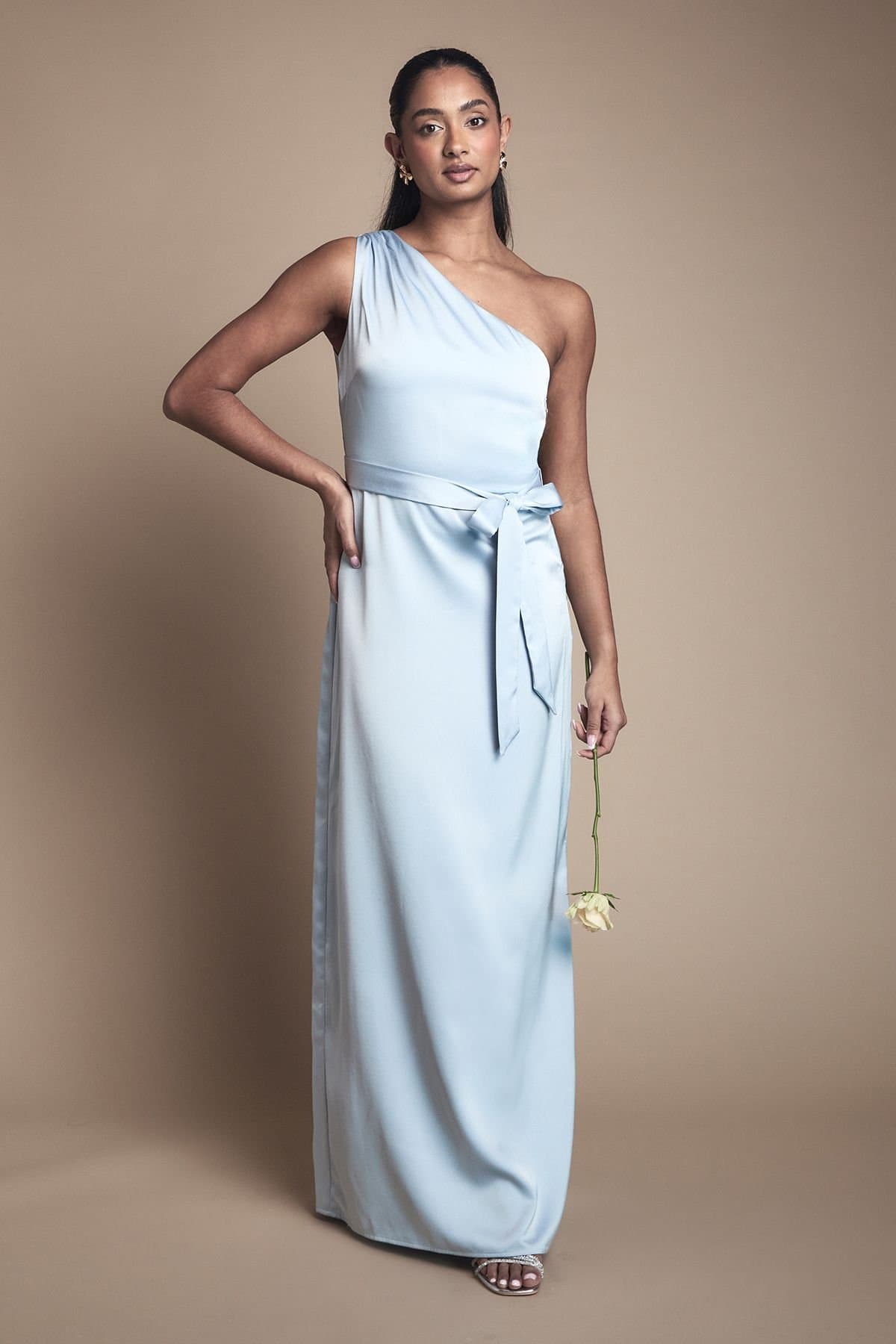 Oasis Oasis Women's One Shoulder Satin Maxi Bridesmaid Dress in Light Blue