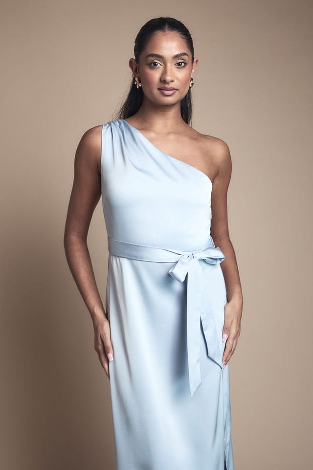 Oasis Oasis Women's One Shoulder Satin Maxi Bridesmaid Dress in Light Blue - 2