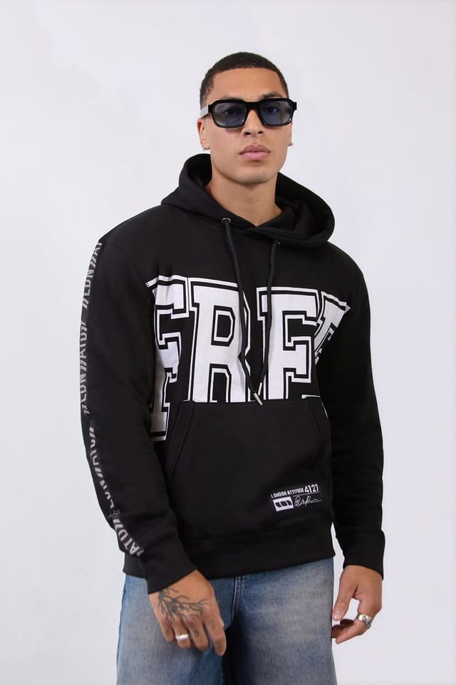 LONDON ATTITUDE LONDON ATTITUDE Men's Relax Fit Black Hoodie with Bold FREE Print & Sleeve Branding - 3