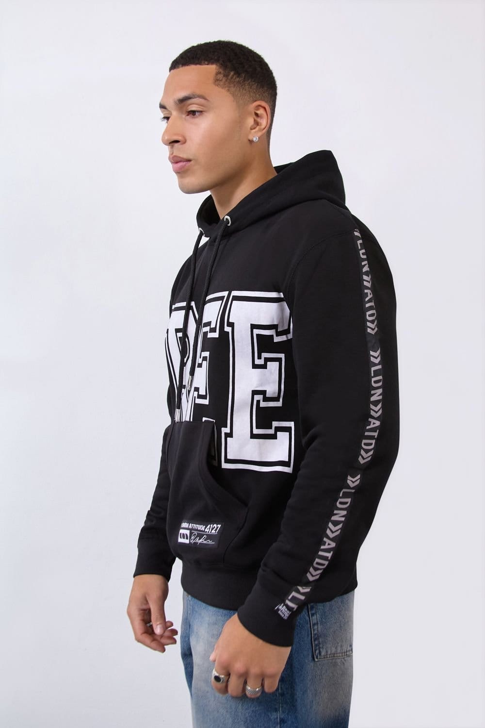 LONDON ATTITUDE LONDON ATTITUDE Men's Relax Fit Black Hoodie with Bold FREE Print & Sleeve Branding - 4