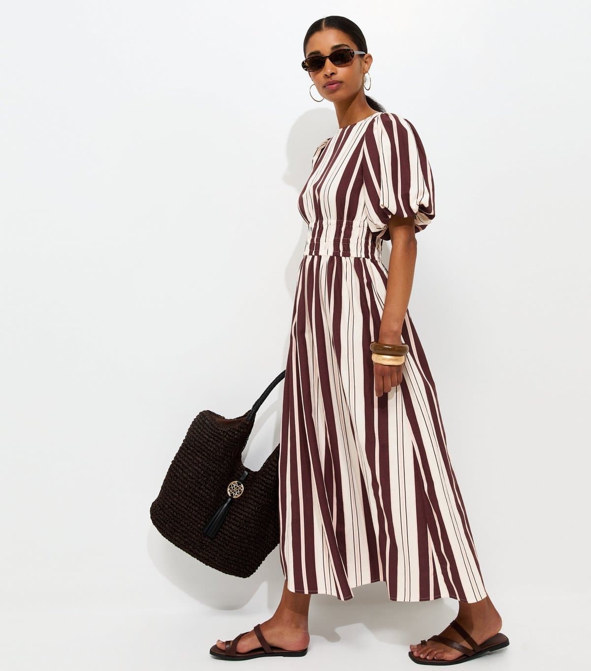 New Look Women's Cream With Cotton Striped Shirred Waist Puff Sleeve Midi Dress New Look
