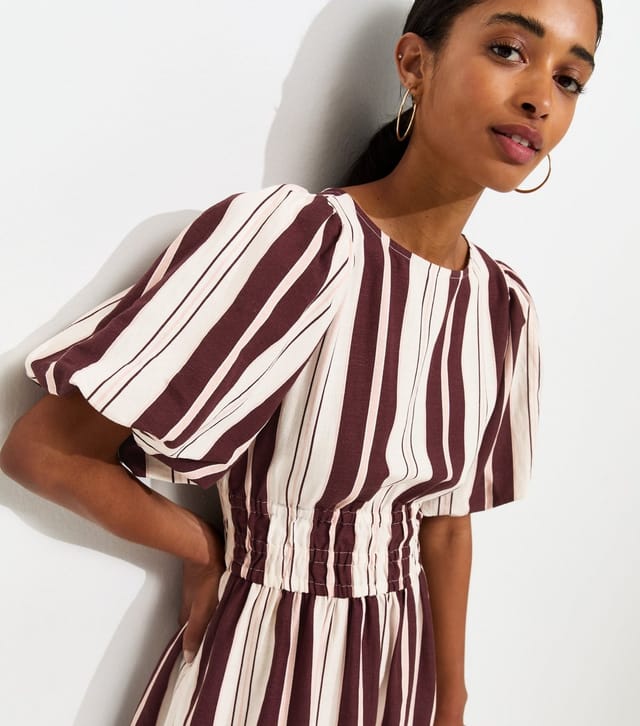 New Look Women's Cream With Cotton Striped Shirred Waist Puff Sleeve Midi Dress New Look - 2