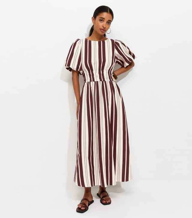 New Look Women's Cream With Cotton Striped Shirred Waist Puff Sleeve Midi Dress New Look - 3