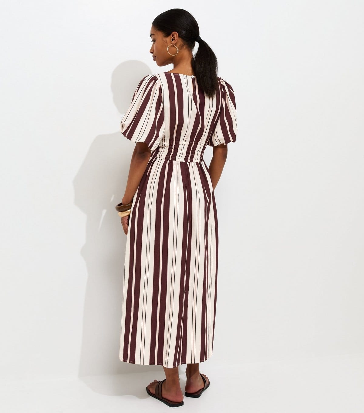 New Look Women's Cream With Cotton Striped Shirred Waist Puff Sleeve Midi Dress New Look - 4