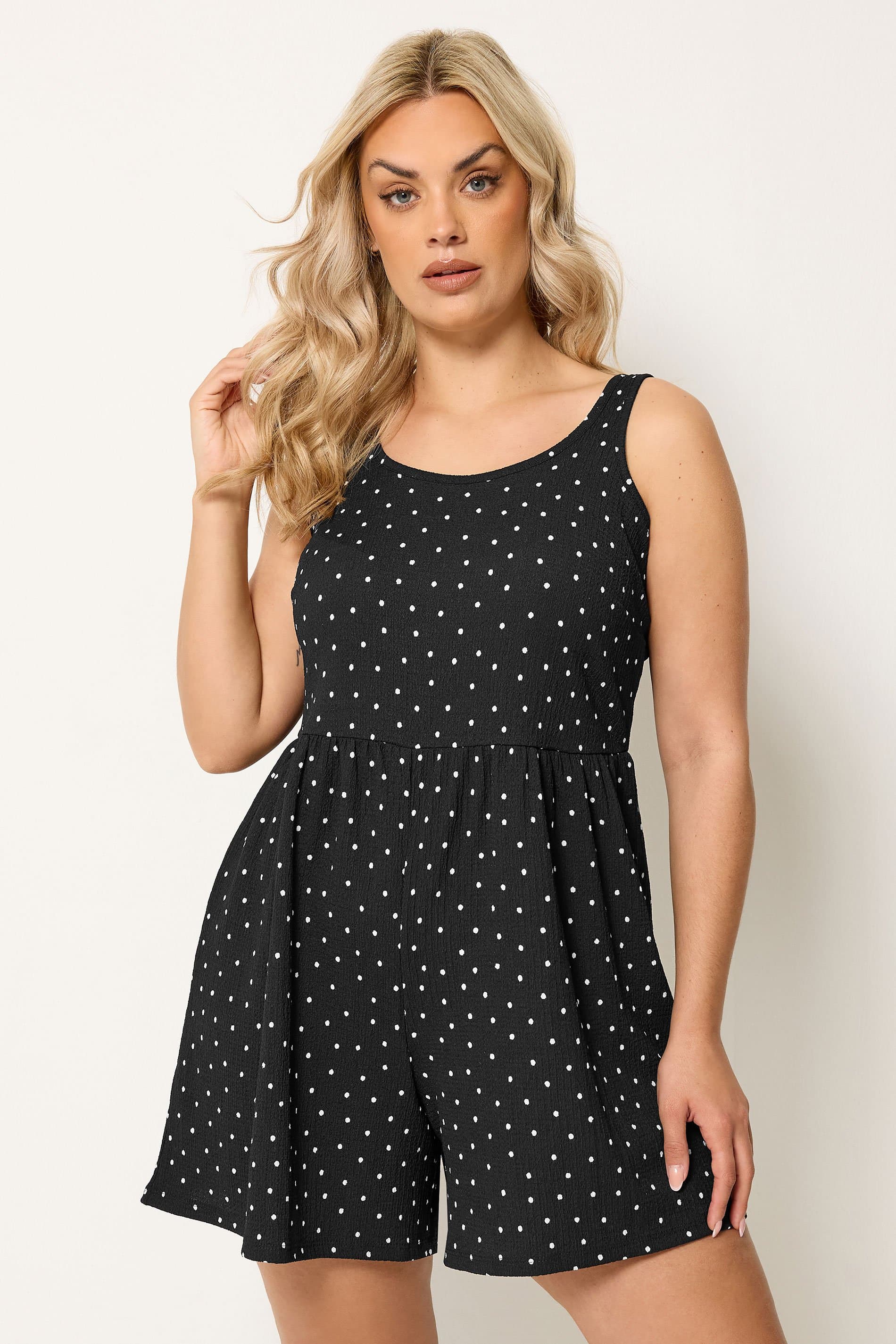 Yours Plus Size Black Polka Dot Smock Textured Playsuit
