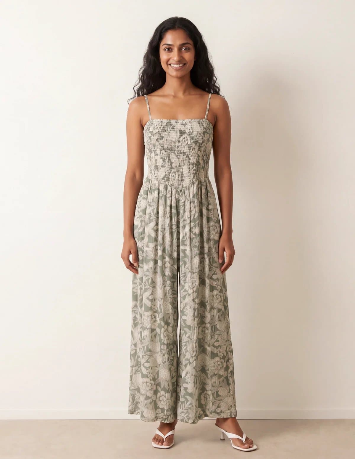 Blue Vanilla Crinkle Shirred Strappy Jumpsuit