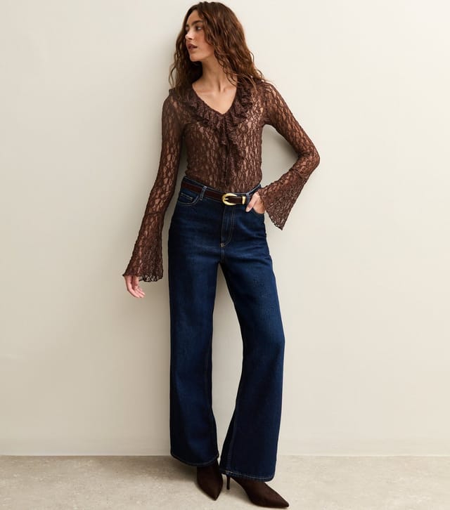 New Look Women's Brown Lace Ruffle Trimmed Long Sleeve Top New Look - 2