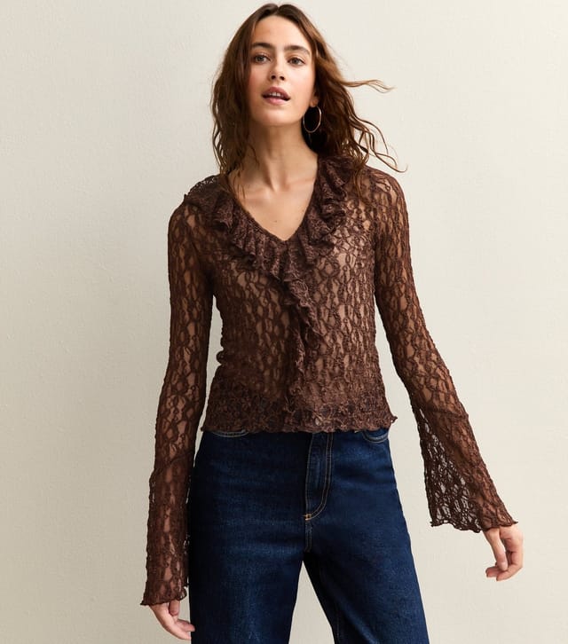 New Look Women's Brown Lace Ruffle Trimmed Long Sleeve Top New Look - 3