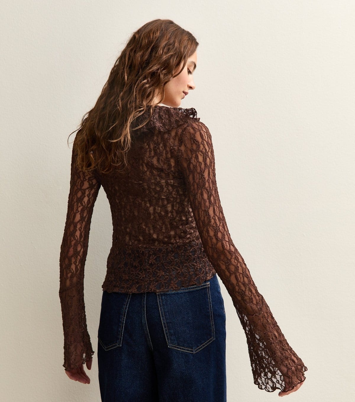 New Look Women's Brown Lace Ruffle Trimmed Long Sleeve Top New Look - 4