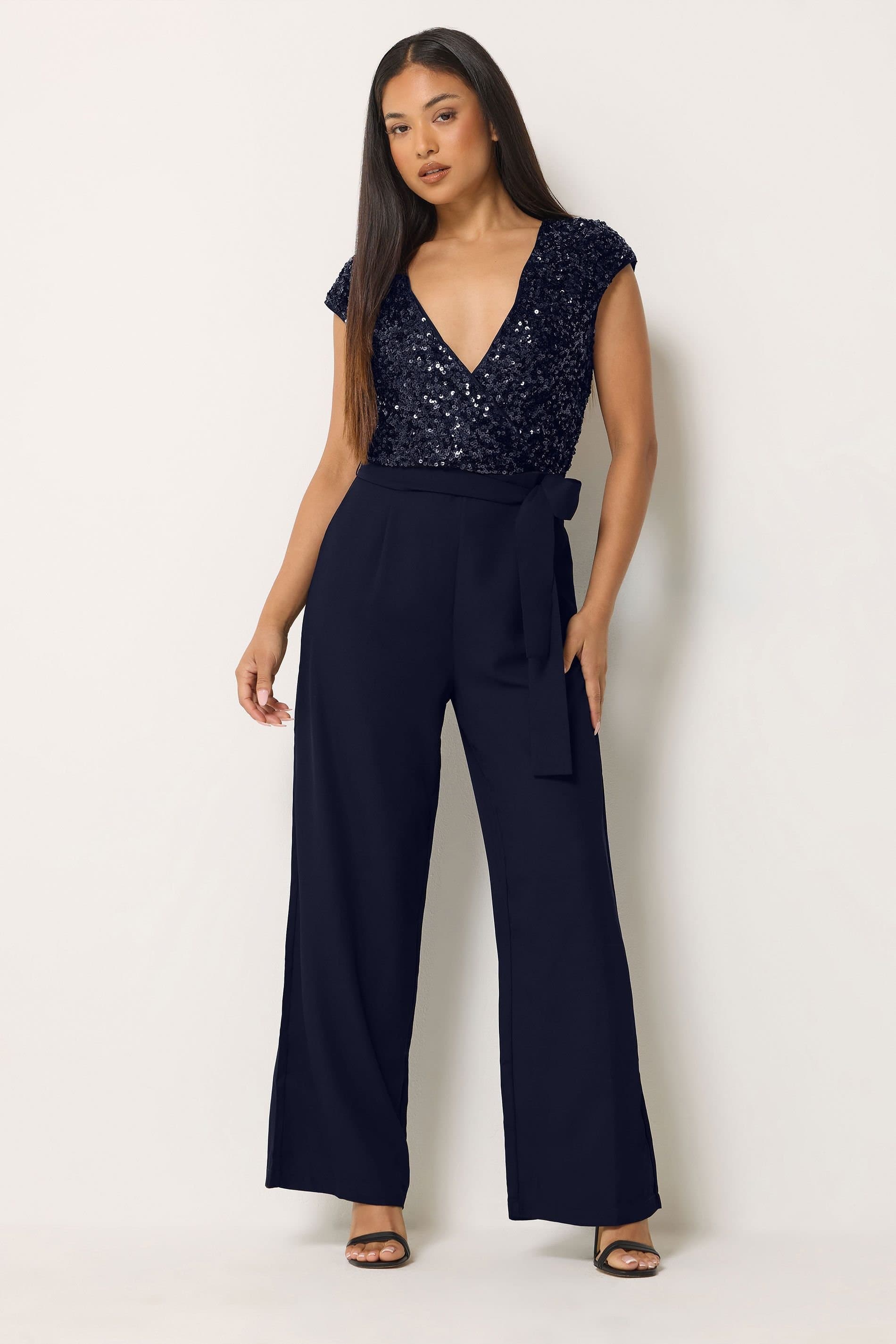 M&Co M&Co Women's Petite Sequin Wide Leg Jumpsuit in Dark Navy
