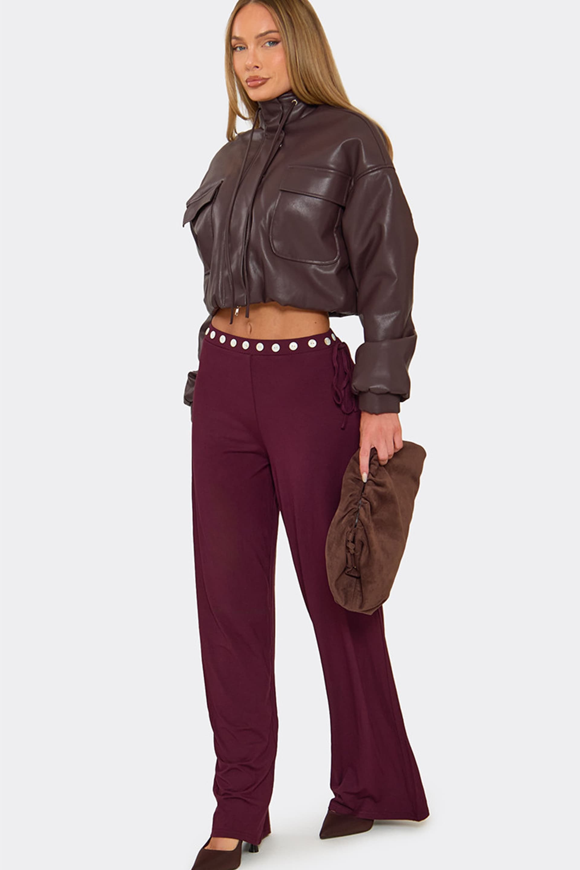 EGO EGO Women's Long Sleeve High Neck Faux Leather Jacket in Wine