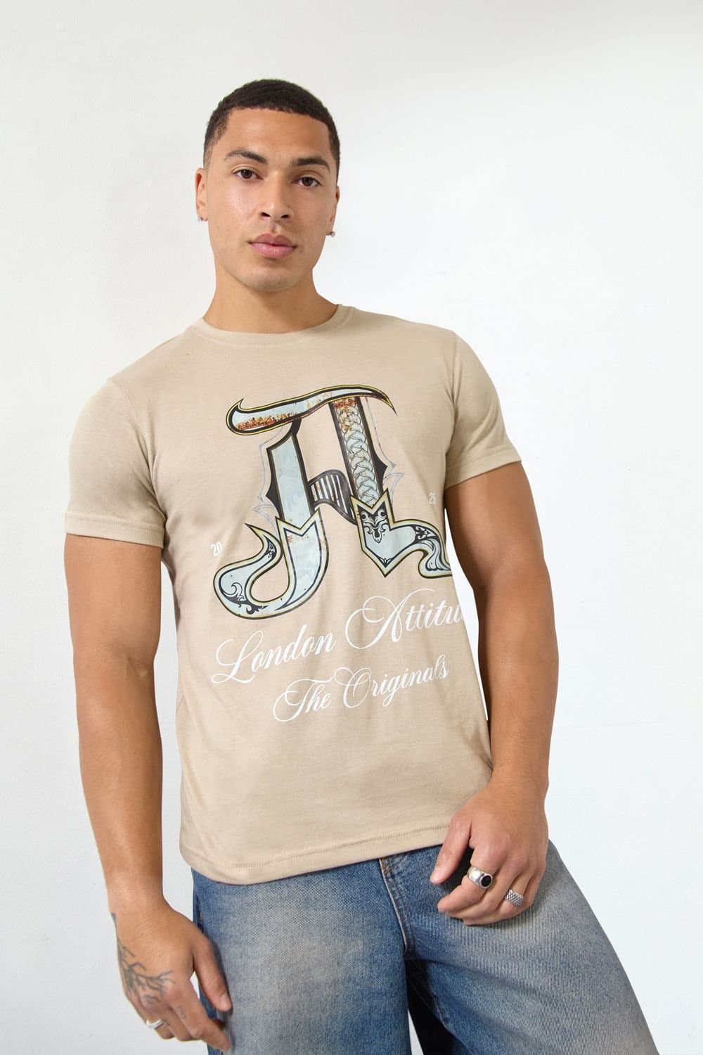 LONDON ATTITUDE LONDON ATTITUDE Men's Sand Regular Fit T-Shirt with Ornate “A" Graphic in Light Sand