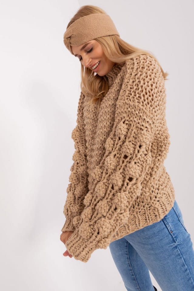 Love Lace Love Lace Women's Textured Puff Sleeve Long Sleeve Sweater in Beige - 2
